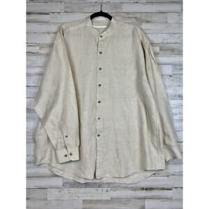 Vintage Perry Ellis 90s Linen Blend Band Collar Button Front Shirt Beige Mens XL